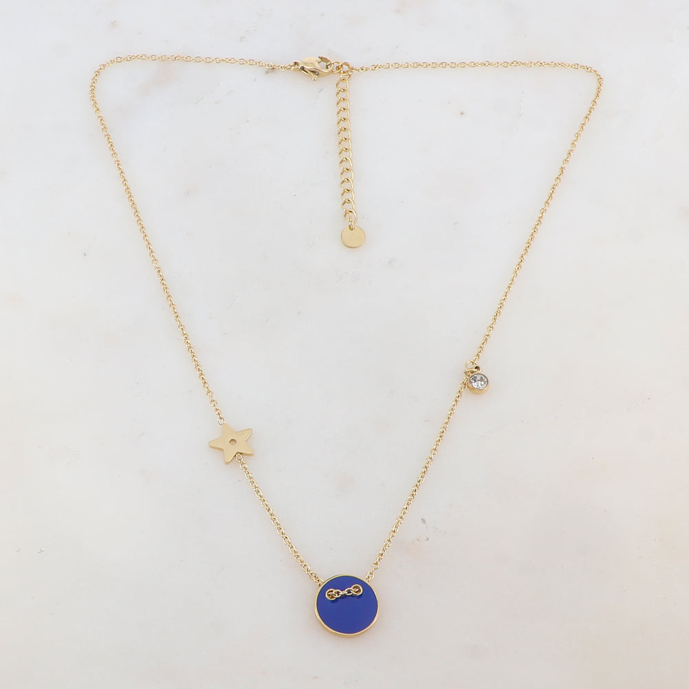 Collier avec étoile, oxyde de zirconium et bouton émaillé bleu (40+5CM)
