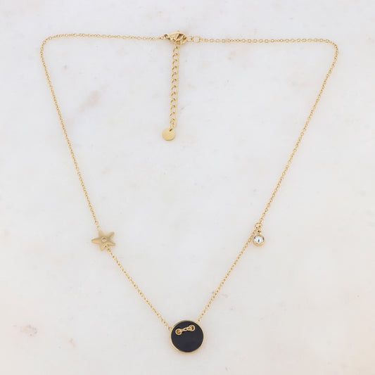 Collier avec étoile, oxyde de zirconium et bouton émaillé noir (40+5CM)