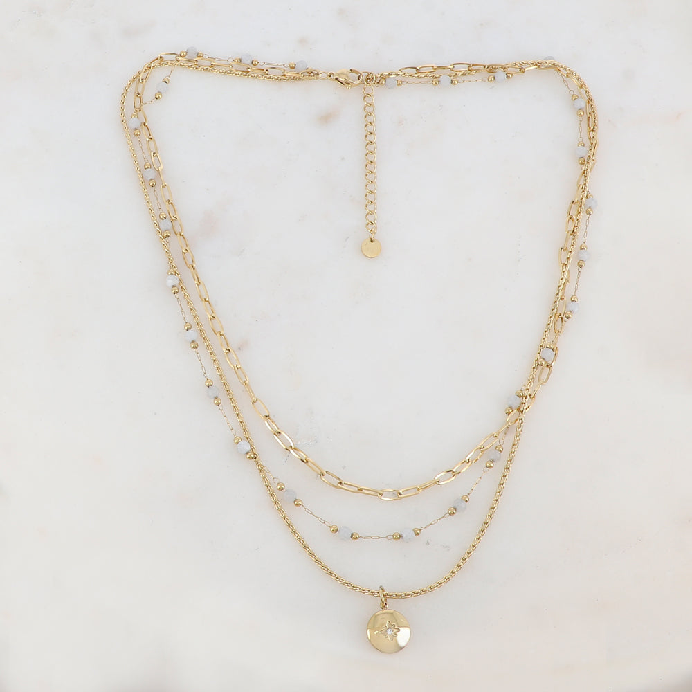 Collier 3 rangs avec maille, pierres naturelles, étoile et strass (40/42/44+5CM)
