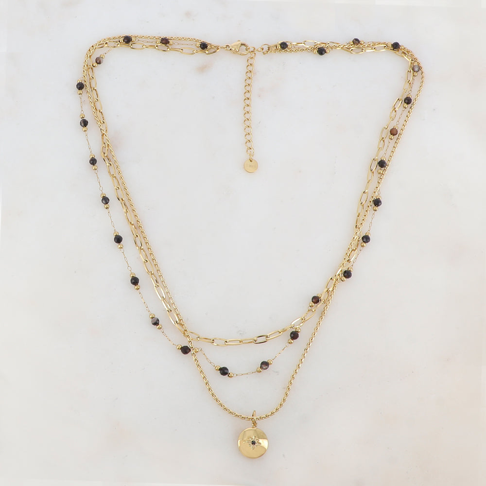Collier 3 rangs avec maille, pierres naturelles, étoile et strass (40/42/44+5CM)