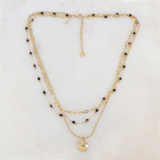 Collier 3 rangs avec maille, pierres naturelles, étoile et strass (40/42/44+5CM)