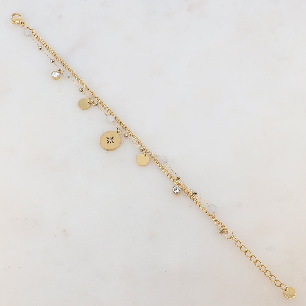 Bracelet deux rangs avec pampilles rondes, strass et pierres naturelles