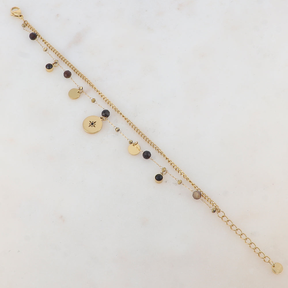 Bracelet deux rangs avec pampilles rondes, strass et pierres naturelles