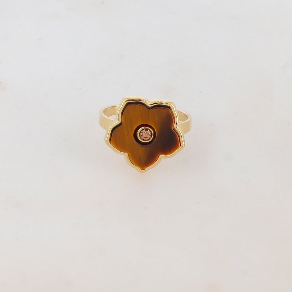 Bague avec fleur en pierre naturelle, strass - Œil de tigre