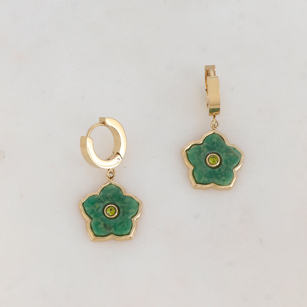 Créoles avec pendant fleur en pierre naturelle, strass 1,2 x 2,7 CM.