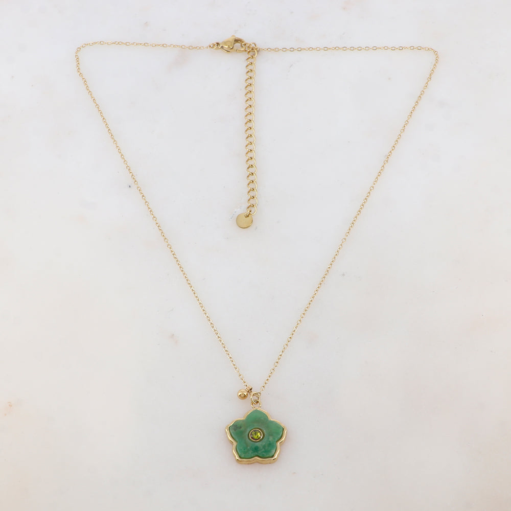Collier avec petite boule, fleur en pierre naturelle, strass (39+7CM)