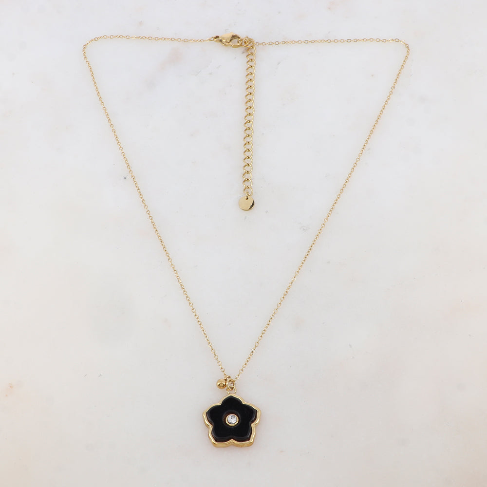 Collier avec petite boule, fleur en pierre naturelle, strass (39+7CM)