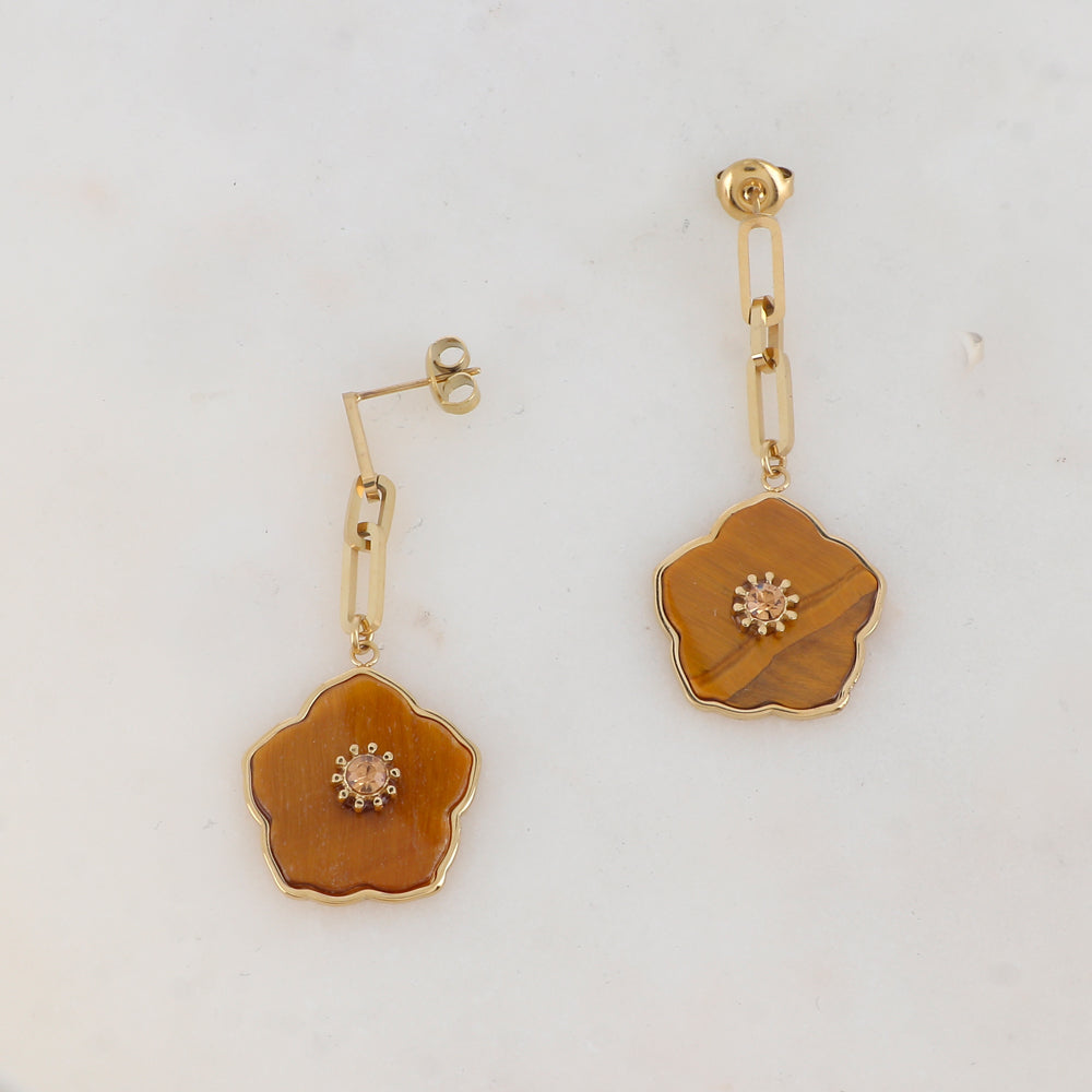 B.O à puce avec maille, fleur en pierre naturelle, strass 2 x 4,5 CM.