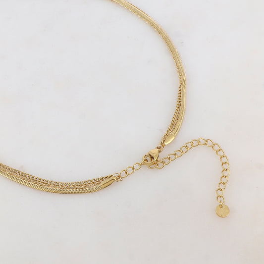 Collier 3 rangs avec maille, pendentif fleur en nacre, strass (38/44/50+7CM)