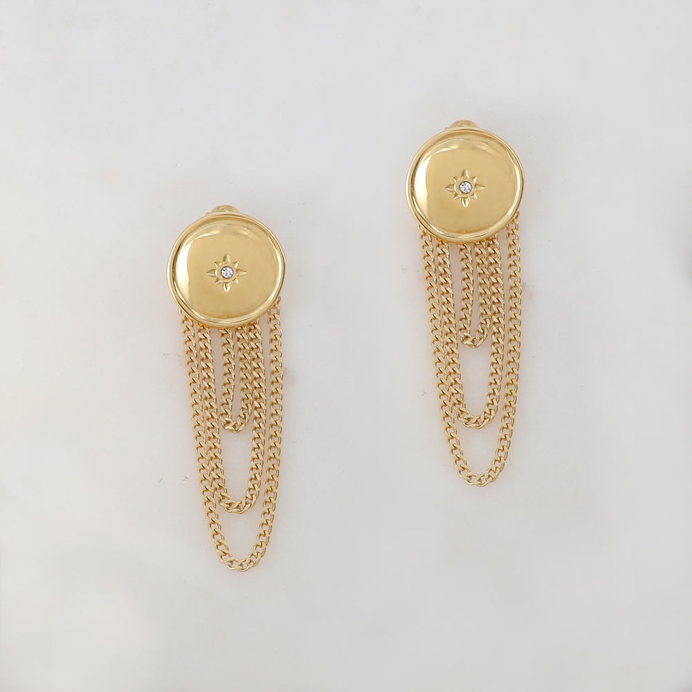 B.O à puce avec chaînes, pièce ronde, étoile et strass 2 x 6,3 cm.
