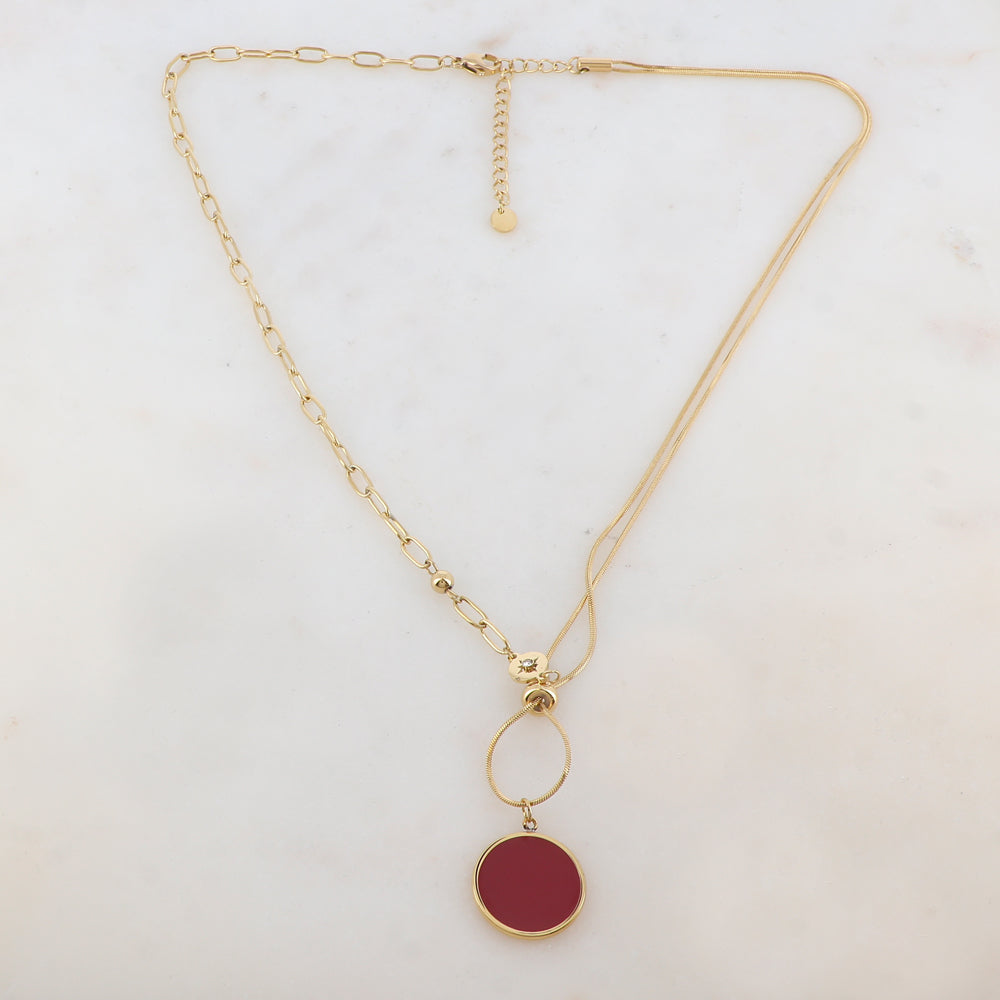 Collier en maille avec pendentif rond émaillé, strass, étoile, petite boule et rondelle (45+5CM)