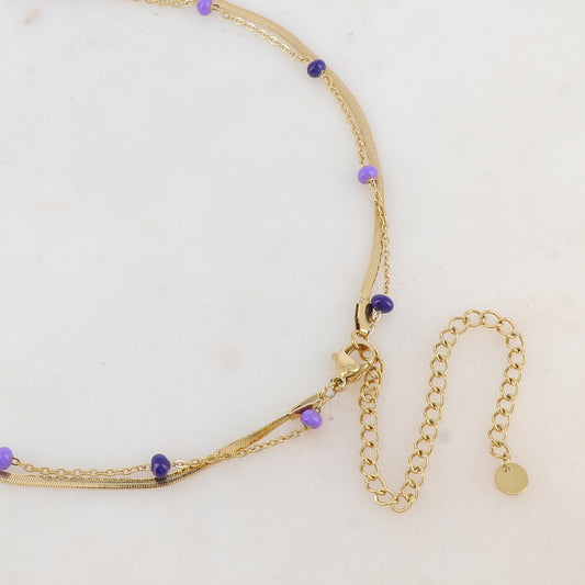 Sautoir 2 rangs avec maille miroir, pampilles rondes et perles émaillées bleues et violettes 80/90+10 cm