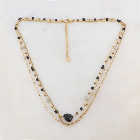 Collier 3 rangs avec pâtes de verre et pierres naturelles (40+5CM)
