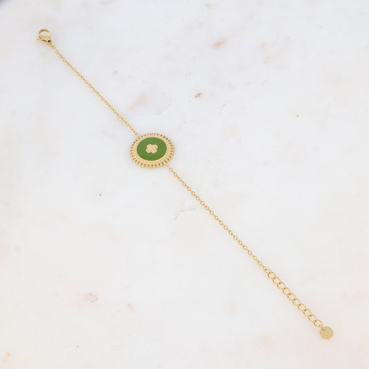 Bracelet avec pièce ronde émaillée, fleur gravée