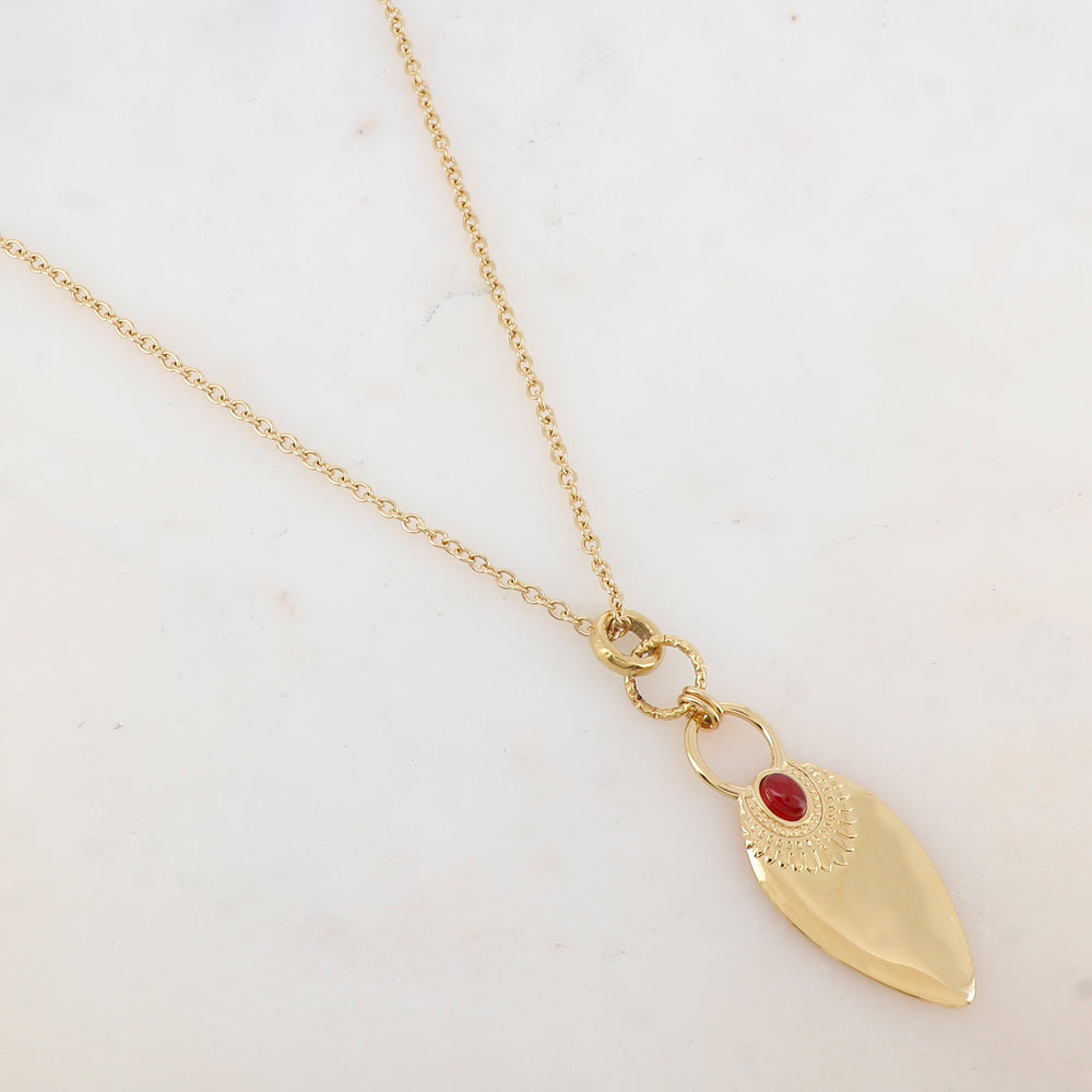 Collier avec pendentif forme géométrique, pierre agate rouge 60+10 cm