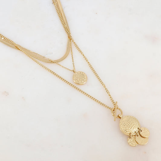 Collier 3 rangs avec maille miroir, 4 pièces rondes martelées et 1 pièce ronde avec motif graphique (38/40/50+7CM)