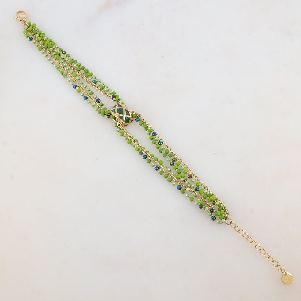 Bracelet trois rangs avec pâtes de verre et pièce émaillée style graphique