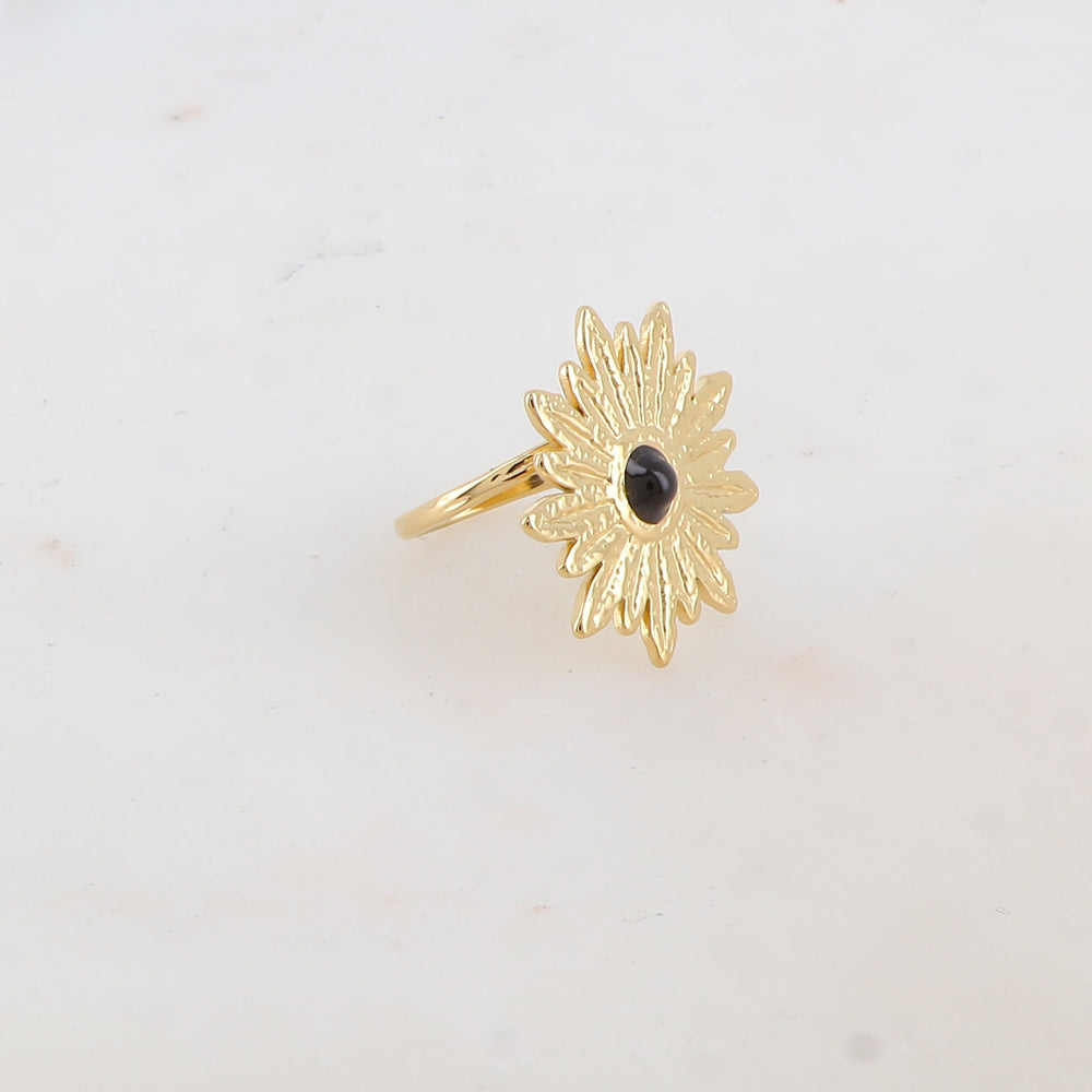 Bague fleur avec pierre naturelle - Onyx