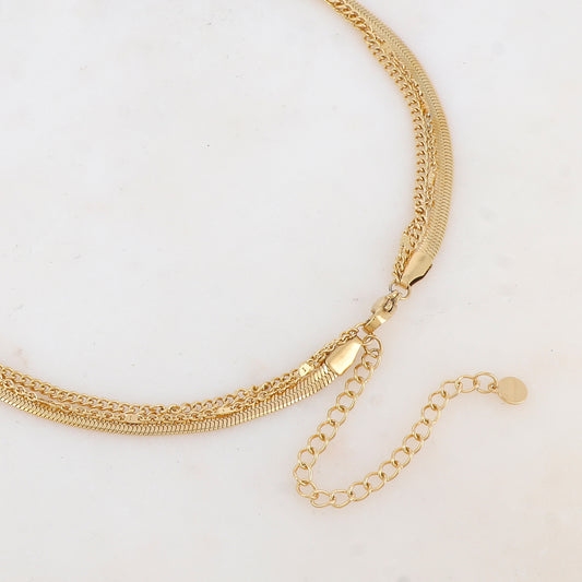 Collier 3 rangs avec maille, pendentif fleur et pierre naturelle (38/44/55+7CM)