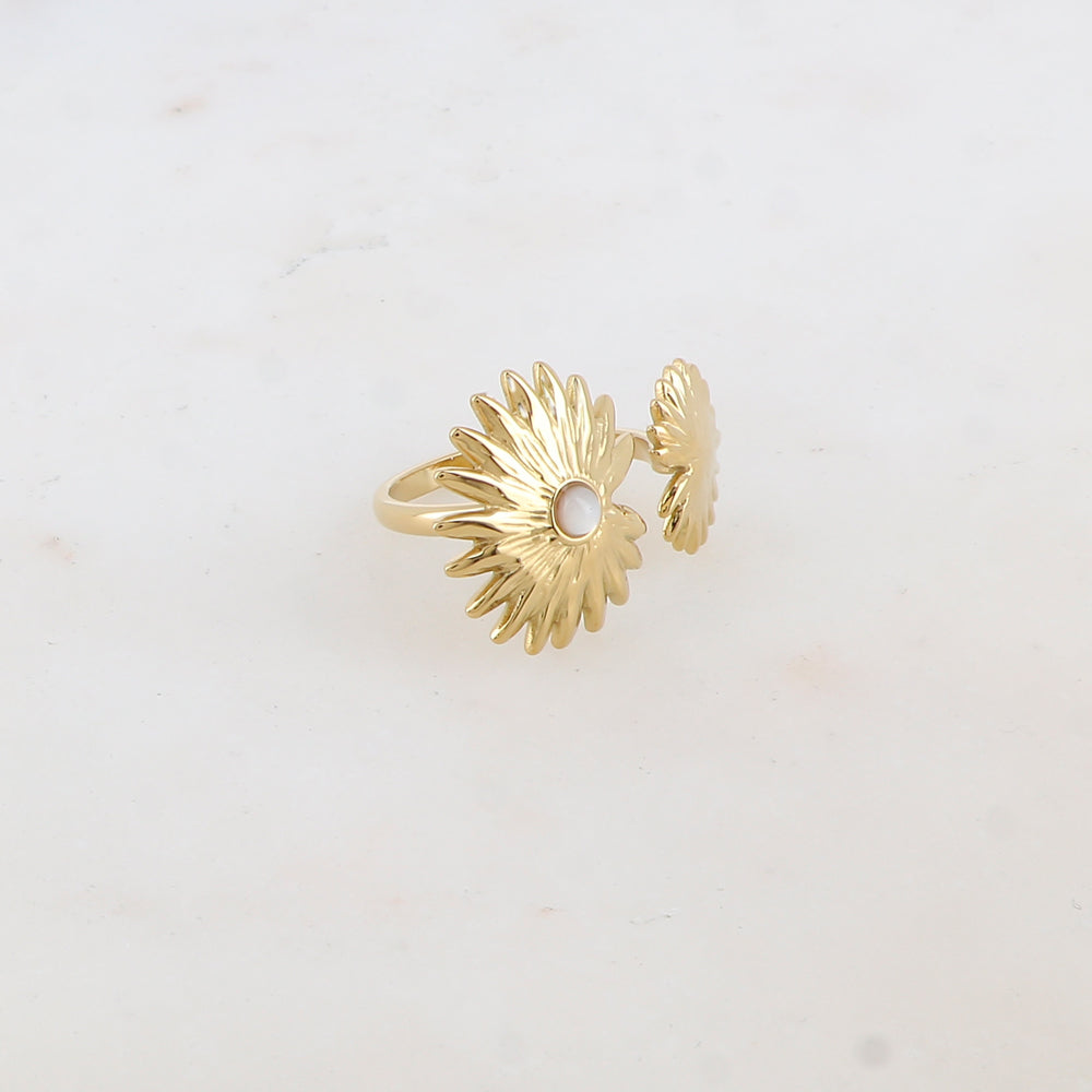 Bague embellie de 2 feuillages et pierre naturelle - Nacre