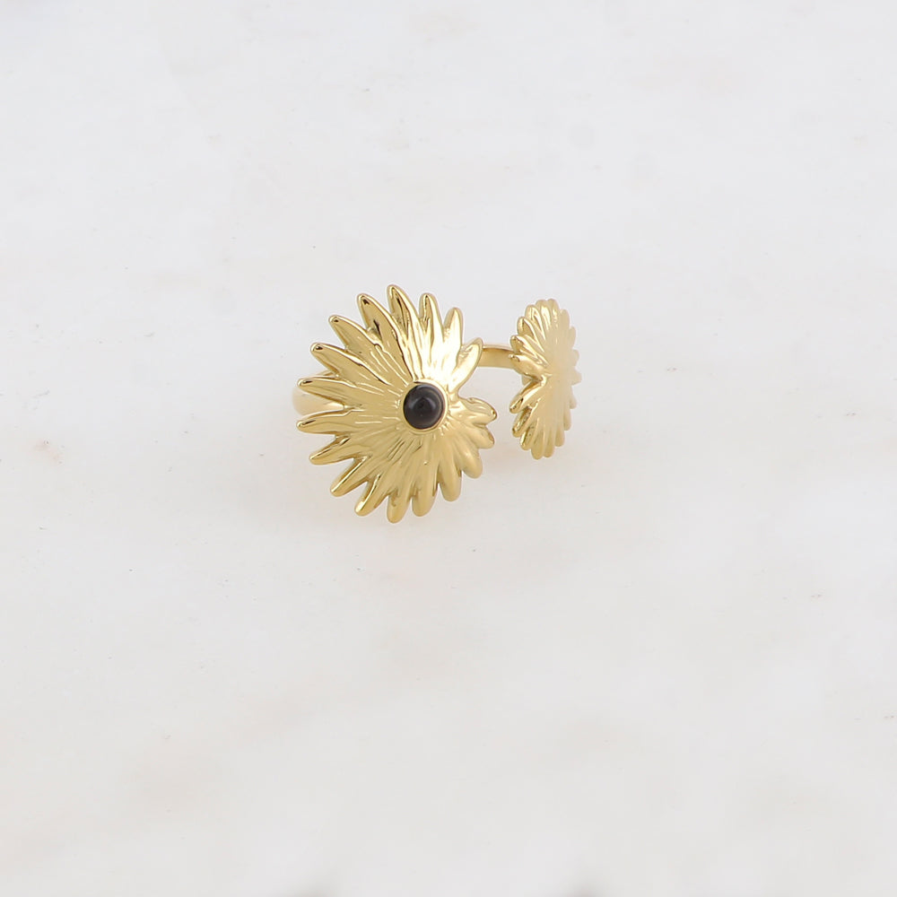Bague embellie de 2 feuillages et pierre naturelle - Onyx