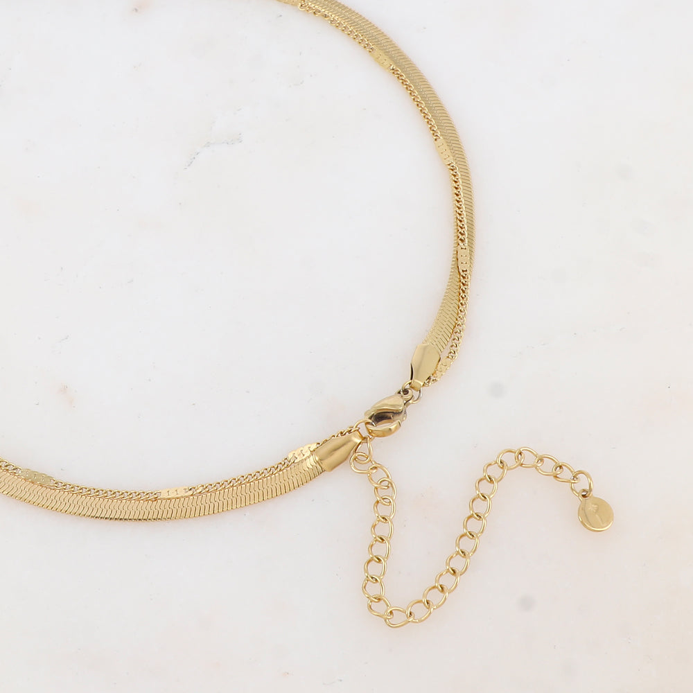 Collier 2 rangs avec maille, pendentif feuillage émaillé (4048+7CM)
