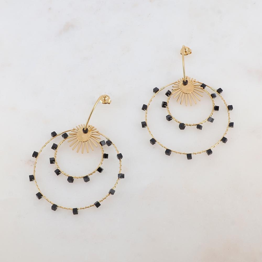Boucles d'oreilles doubles cercles, soleil et pierre naturelle