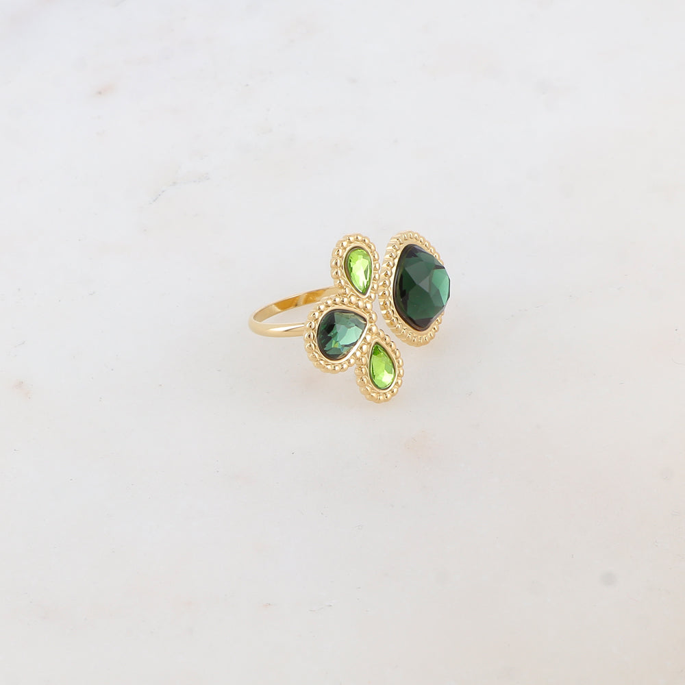 Bague fine réglable avec 4 pâtes de verres - Vert