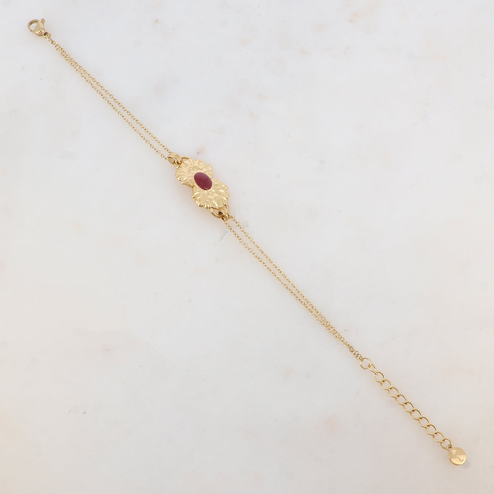 Bracelet deux rangs, 1 pièce ovale émaillée collée sur 2 feuilles