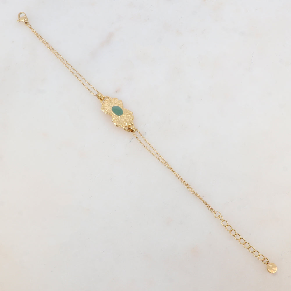 Bracelet deux rangs, 1 pièce ovale émaillée collée sur 2 feuilles