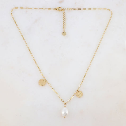 Collier en maille avec pendentif perle d'eau douce, 2 pampilles rondes martelées (40+5CM)