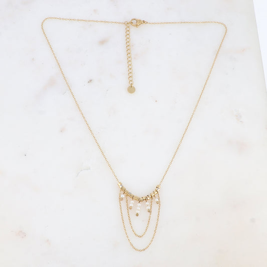 Collier avec chaînes tombantes, petites rondelles et perles d'eau douce (40+5CM)