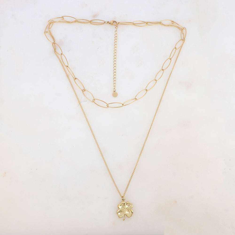 Collier 2 rangs avec maille, pendentif trèfle (38/50+7CM)