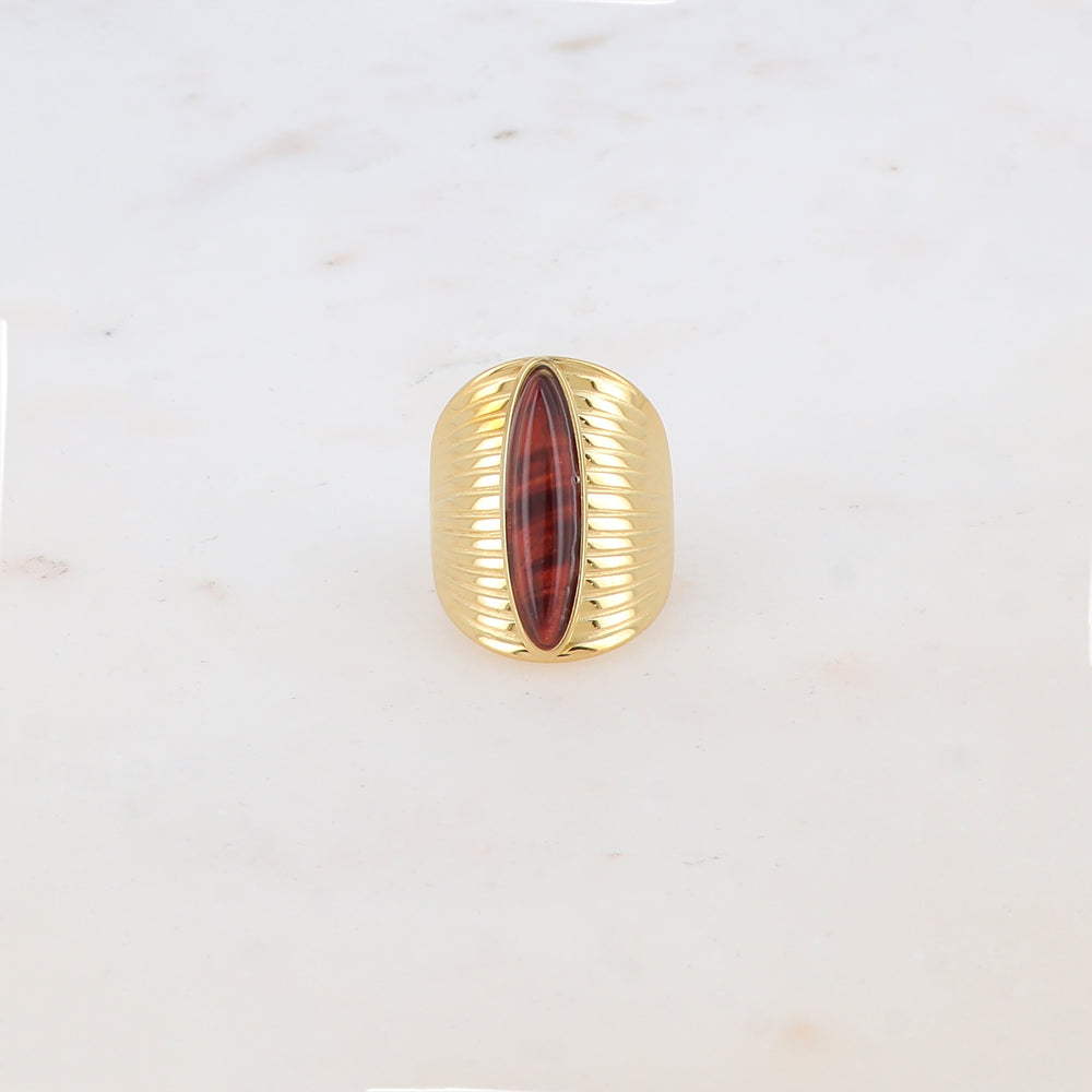 Bague ovale avec rainures et pierre naturelle - Œil de taureau