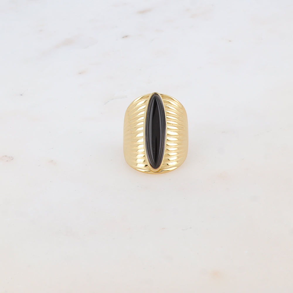 Bague ovale avec rainures et pierre naturelle - Onyx