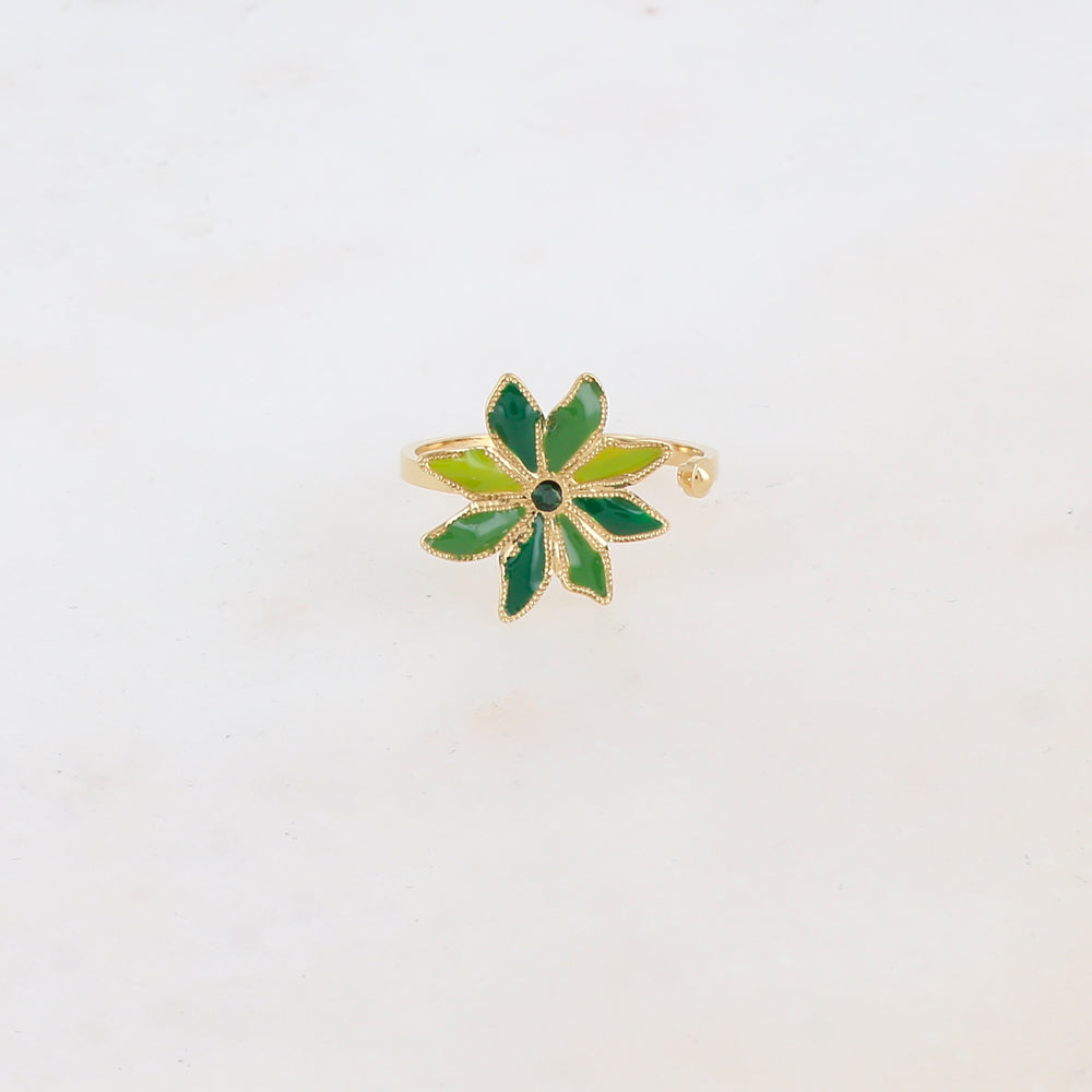 Bague ajustable avec fleur émaillée et strass - Vert mix