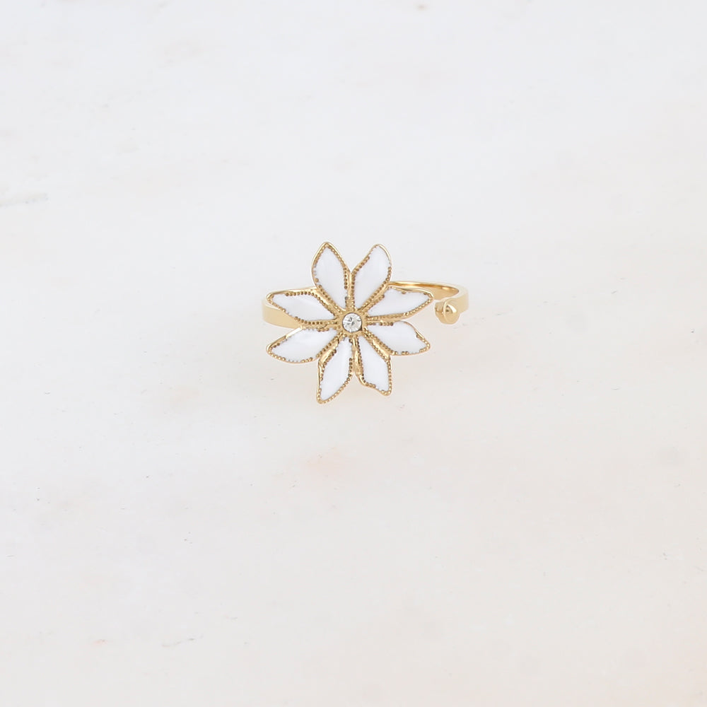 Bague ajustable avec fleur émaillée et strass - Blanc