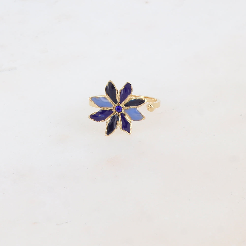 Bague ajustable avec fleur émaillée et strass - Bleu mix