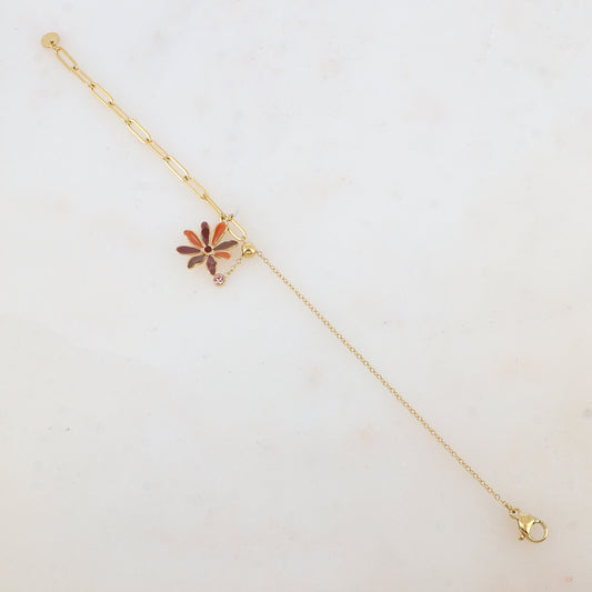 Bracelet avec maille, petite boule, fleur émaillée et strass