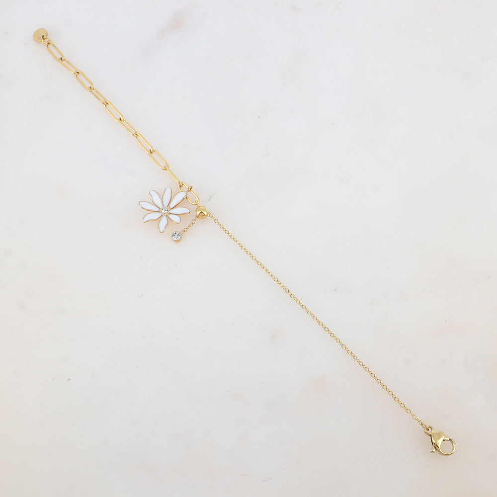 Bracelet avec maille, petite boule, fleur émaillée et strass