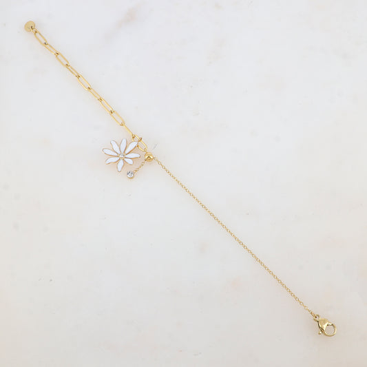 Bracelet avec maille, petite boule, fleur émaillée et strass