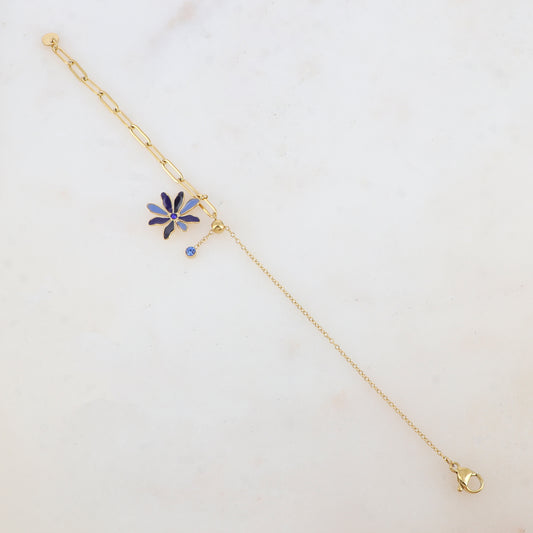 Bracelet avec maille, petite boule, fleur émaillée et strass