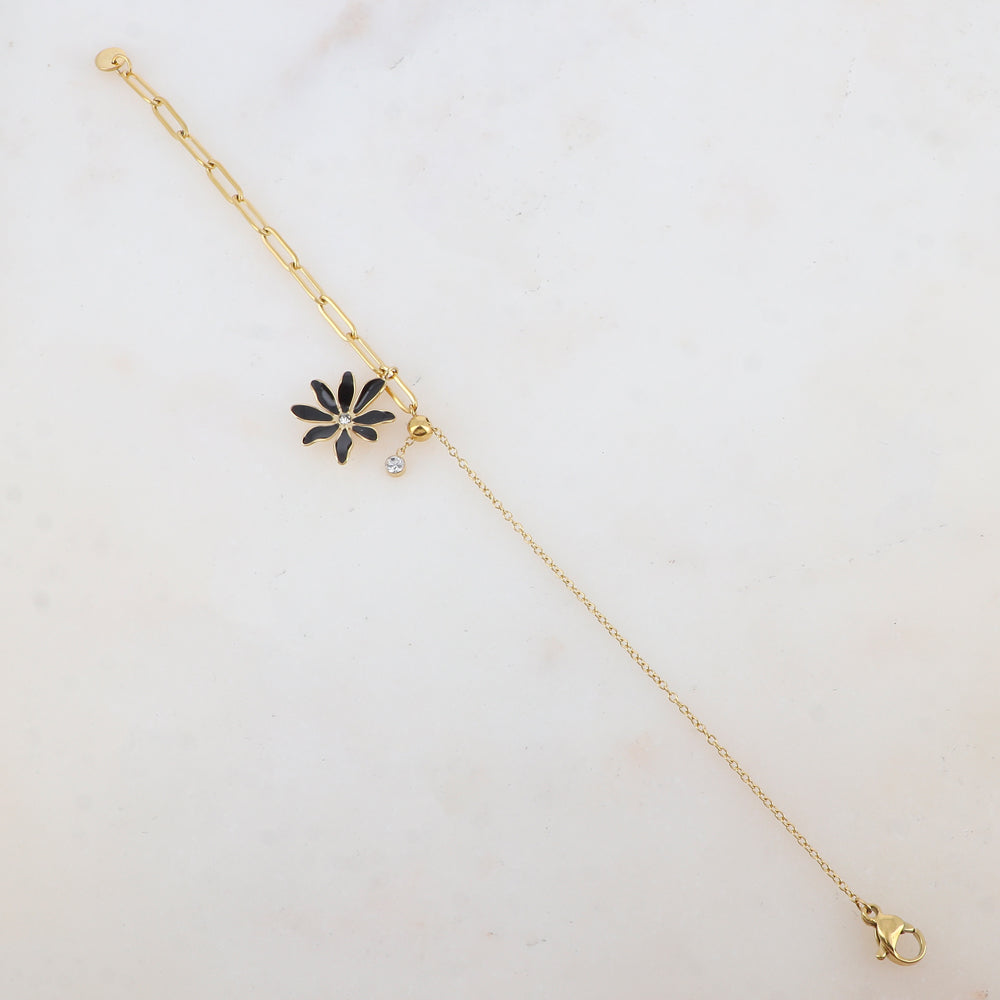 Bracelet avec maille, petite boule, fleur émaillée et strass