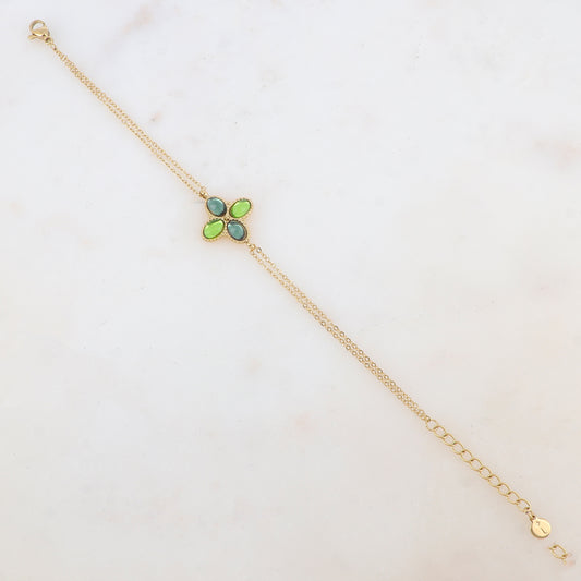 Bracelet deux rangs avec pièce ornée de 4 pâtes de verre