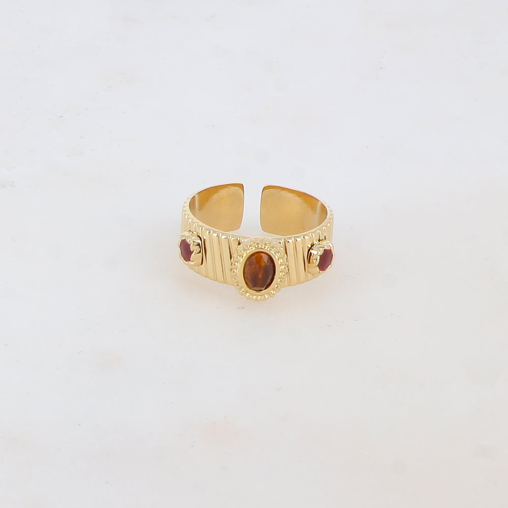 Bague avec 2 pièces émaillées et pierre naturelle - Œil de tigre