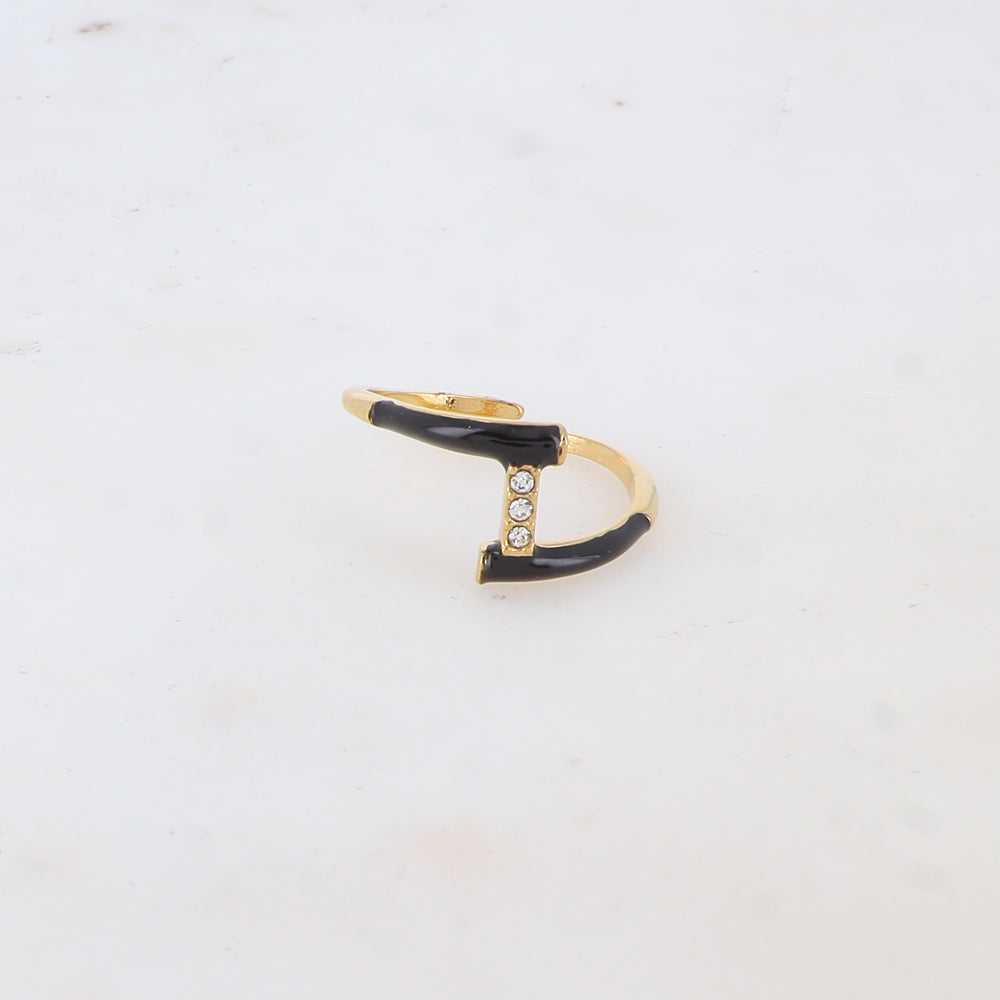 Bague avec émail et 3 strass - Noir