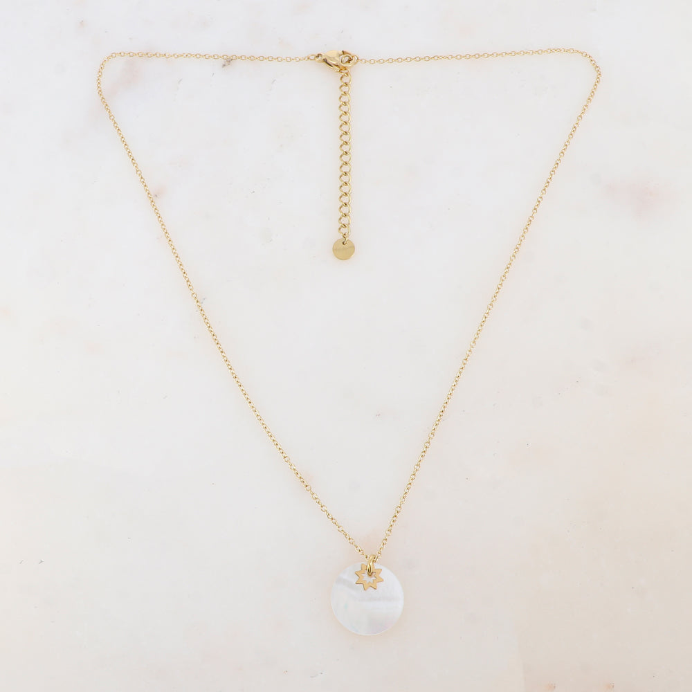 Collier avec pendentif rond en nacre blanche, pampille étoile (40+5CM)