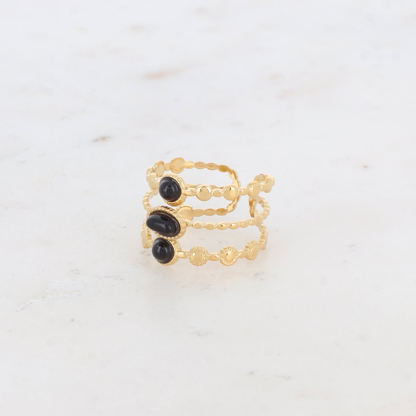 Bague 3 rangs avec petits ronds et pierres naturelles - Onyx noire