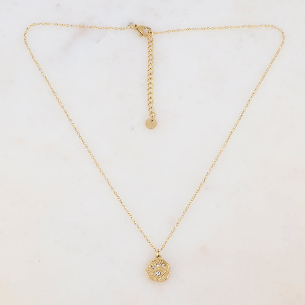Collier avec pendentif rond texturé, motif œil, strass (40+5CM)
