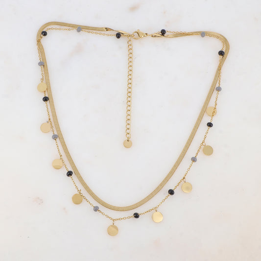Collier 2 rangs avec maille miroir, pampilles rondes, perles émaillées (39/41+7CM)